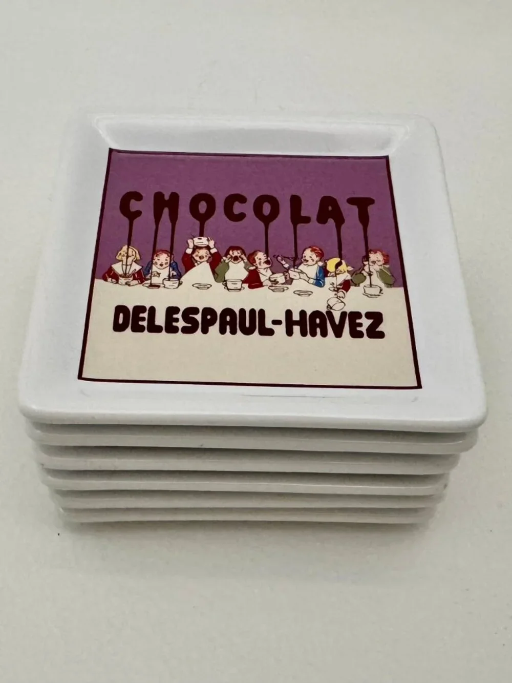 6 Pottery Barn Chocolate Theme Coasters Delespaul-Havez french chocolate factory